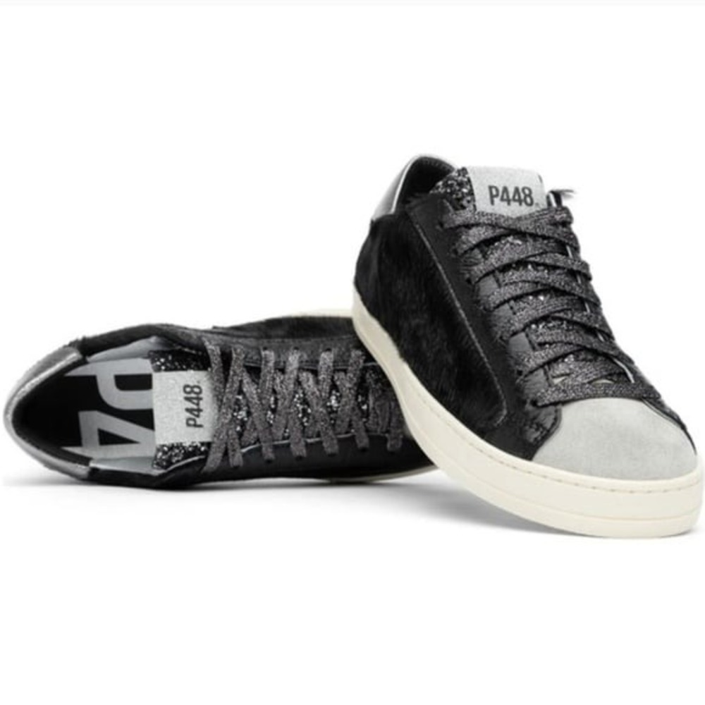 P448 John Black Calf Hair Sneakers Silver Glitter Tongue Gray Suede Toe US 9